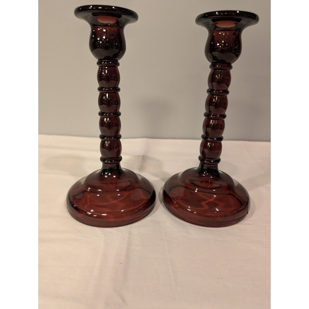 Vintage Amethyst Glass Candlesticks — 8" Taper Holders — Stacked Ball Stem  Pair